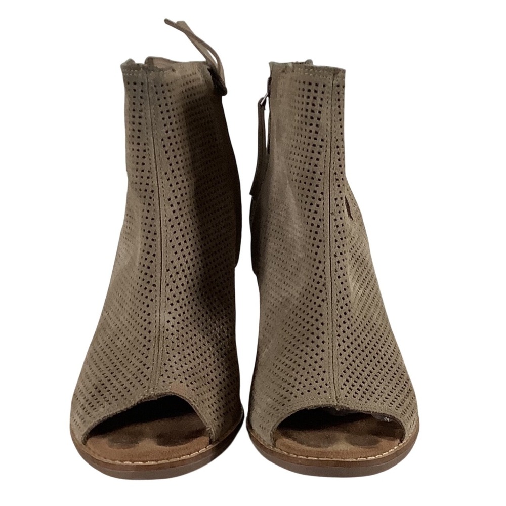 TOMS Majorca Peep Toe Booties Taupe Perforated Suede Ankle Boots Womens 9